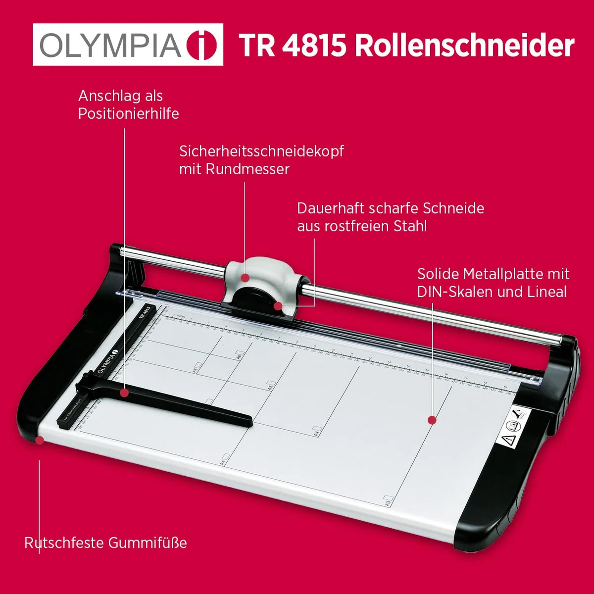 Olympia TR 4815 krajalnica rolkowa (z linijką tnącą, DIN A3, 20 arkuszy, pomoc w pozycjonowaniu, maszyna do cięcia papieru, kart i zdjęć, maszyna do cięcia papieru z metalu)