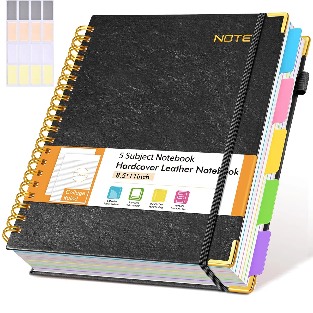 Spiral Notebook 8,5" x 11", 5 Subject Notebook College z wyjmowanymi przegrodami, czarny
