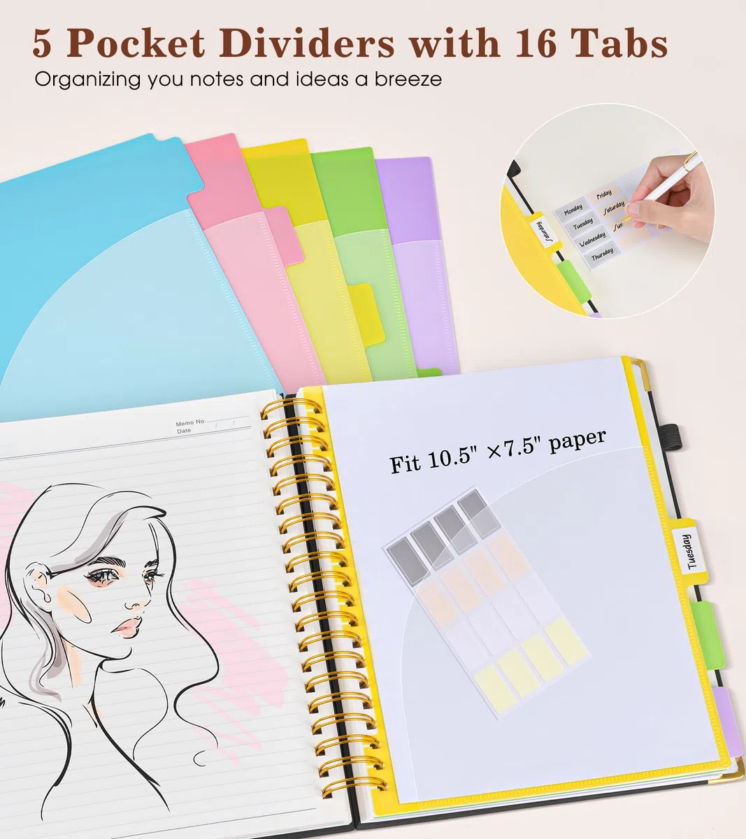 Spiral Notebook 8,5" x 11", 5 Subject Notebook College z wyjmowanymi przegrodami, czarny