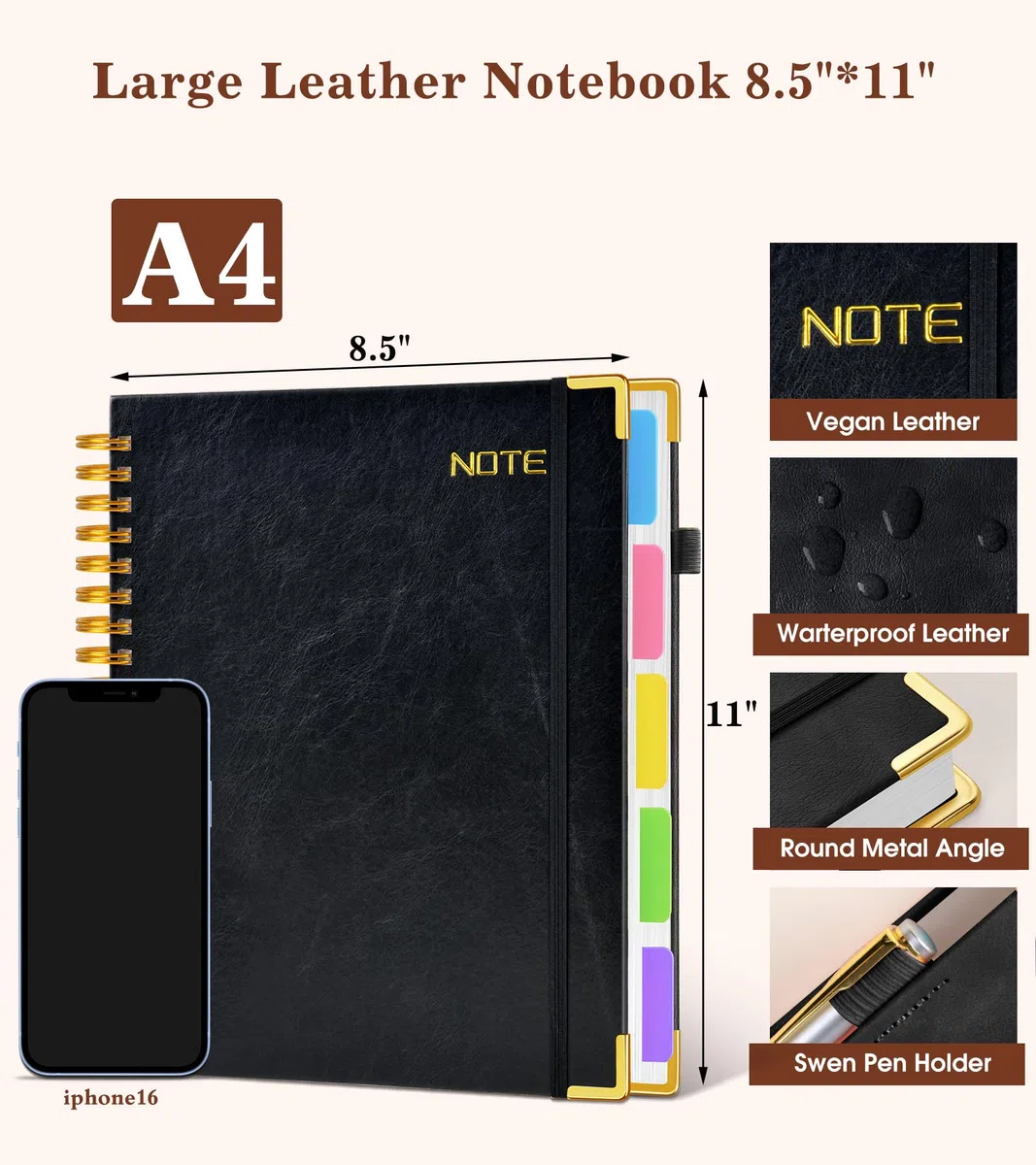 Spiral Notebook 8,5" x 11", 5 Subject Notebook College z wyjmowanymi przegrodami, czarny