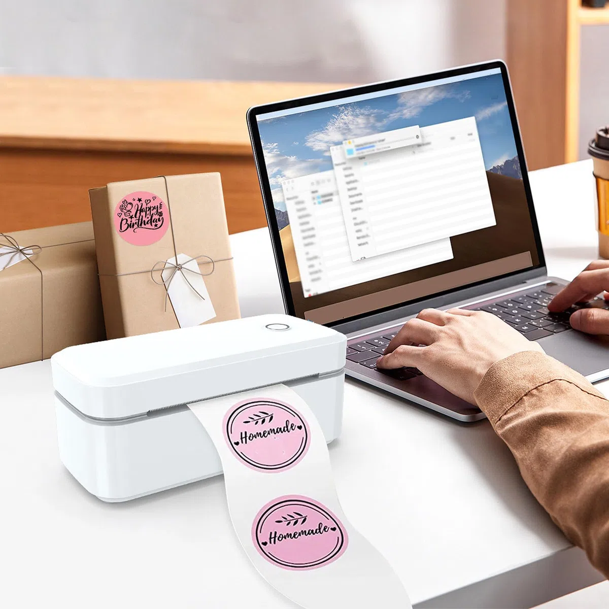 Jeffergarden Termiczna Drukarka Etykiet, 4x6, 200 Dpi, Drukarka Etykiet Wysyłkowych z łącznością Bluetooth USB do Komputera, Tabletu z Telefonem Komórkowym, Domowe Biuro, Centra Handlowe (wtyczka UE)